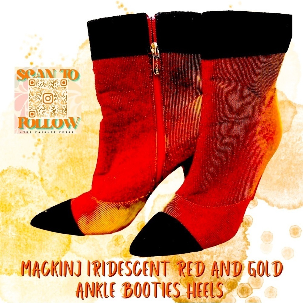𝅺MACKIN J IRIDESCENT RED AND GOLD ANKLE BOOTIES HEELS